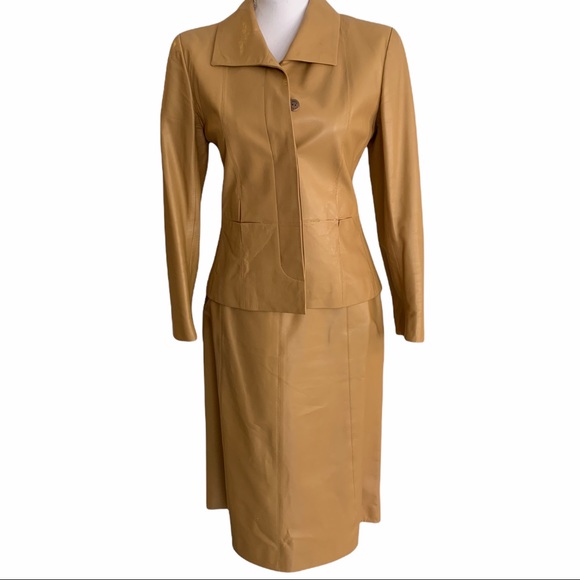 CHANEL Dresses & Skirts - Chanel Leather skirt suit with rose gold detailing